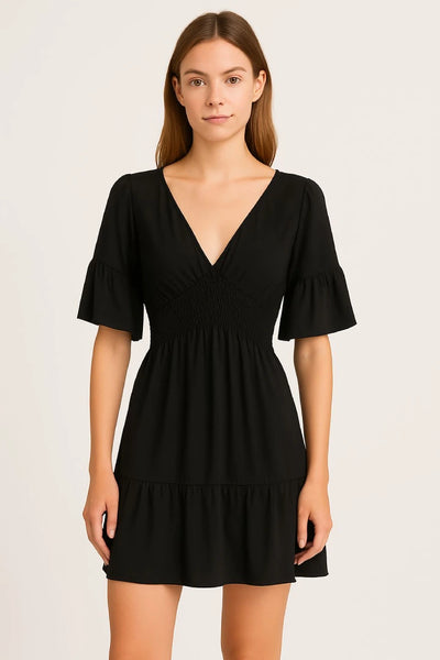 V-Neck Frill Short Sleeve Shirred Elasticated Waist Mini Dress