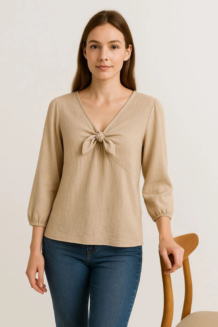 Tie Front V-neck Long Sleeve Oversized Tunic Top