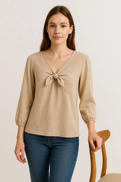 Tie Front V-neck Long Sleeve Oversized Tunic Top