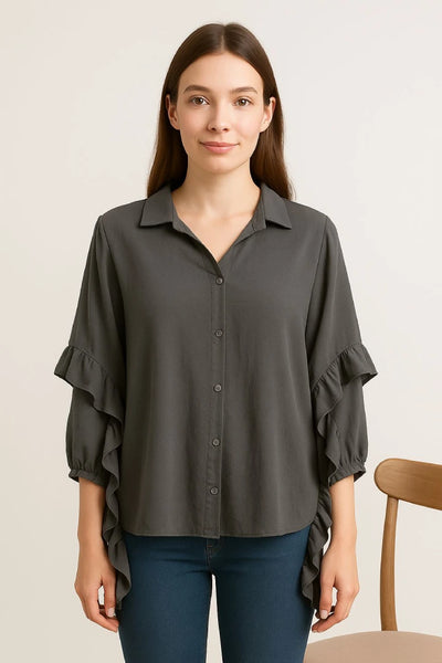 Side Frill Oversized Tunic Shirt Button Down/Up