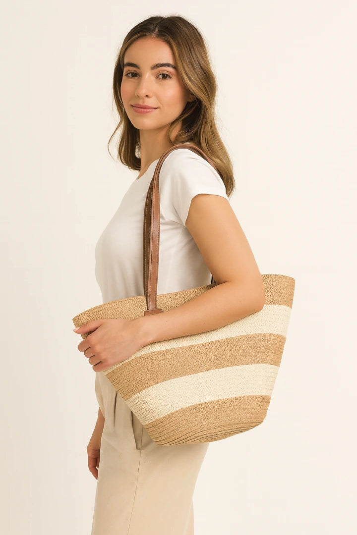 Women Straw Stripe Pattern Tote Beach Bag
