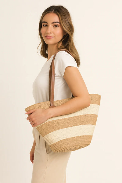 Women Straw Stripe Pattern Tote Beach Bag