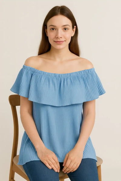 Ribbed Frill Bardot Off the Shoulder Sleeveless Top