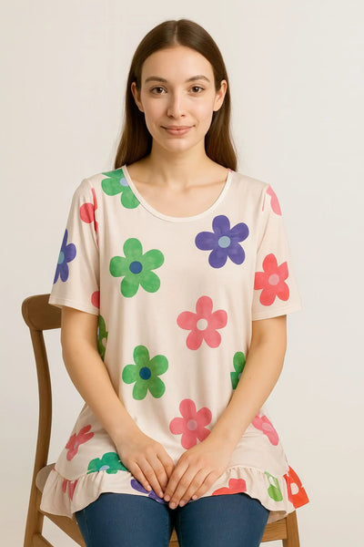 Daisy Floral Frill Hem Tunic Dress 2 Side Inside Pockets