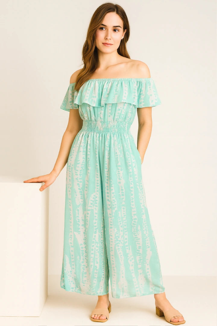 Frill Bardot Layer Sleeveless Shirred Elasticated Waist Printed Jumpsuit