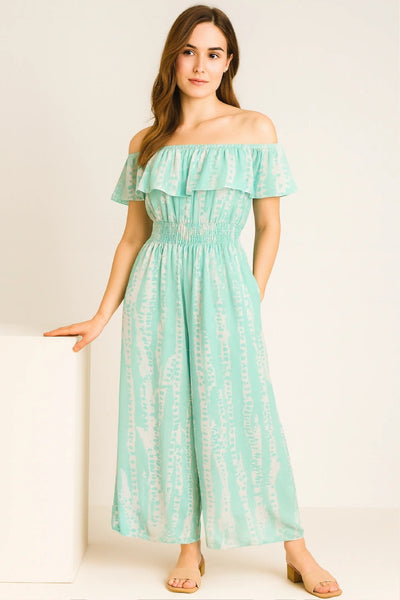 Frill Bardot Layer Sleeveless Shirred Elasticated Waist Printed Jumpsuit