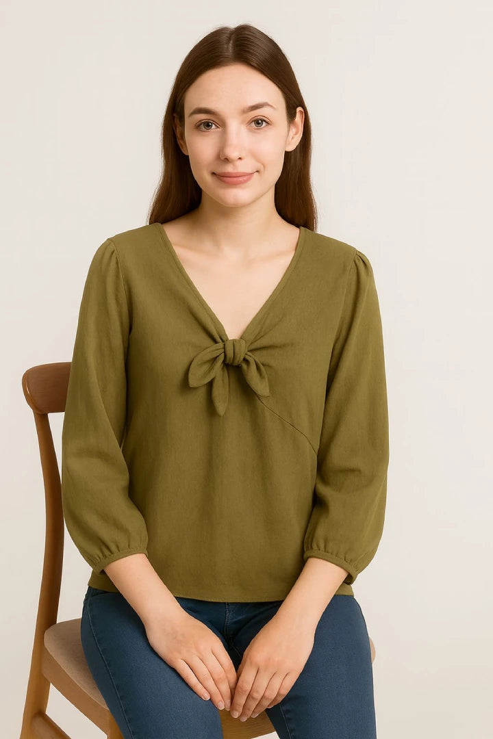 Tie Front V-neck Long Sleeve Oversized Tunic Top