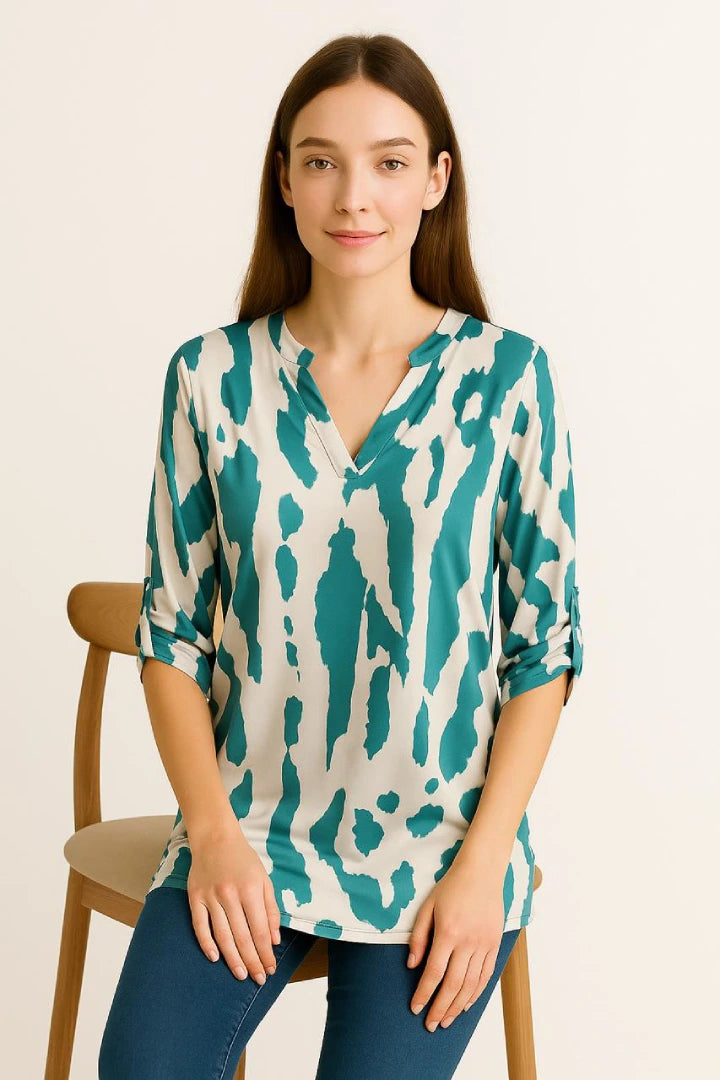 Printed V-neck Grandad Collar Turn-up Sleeve Dip Hem Tunic Top