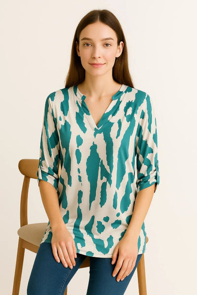 Printed V-neck Grandad Collar Turn-up Sleeve Dip Hem Tunic Top