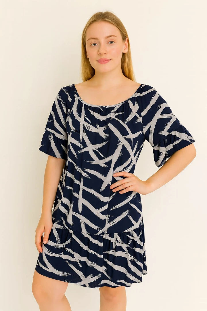 Off shoulder Printed Frill Short Sleeve Lining Inside Midi Dress