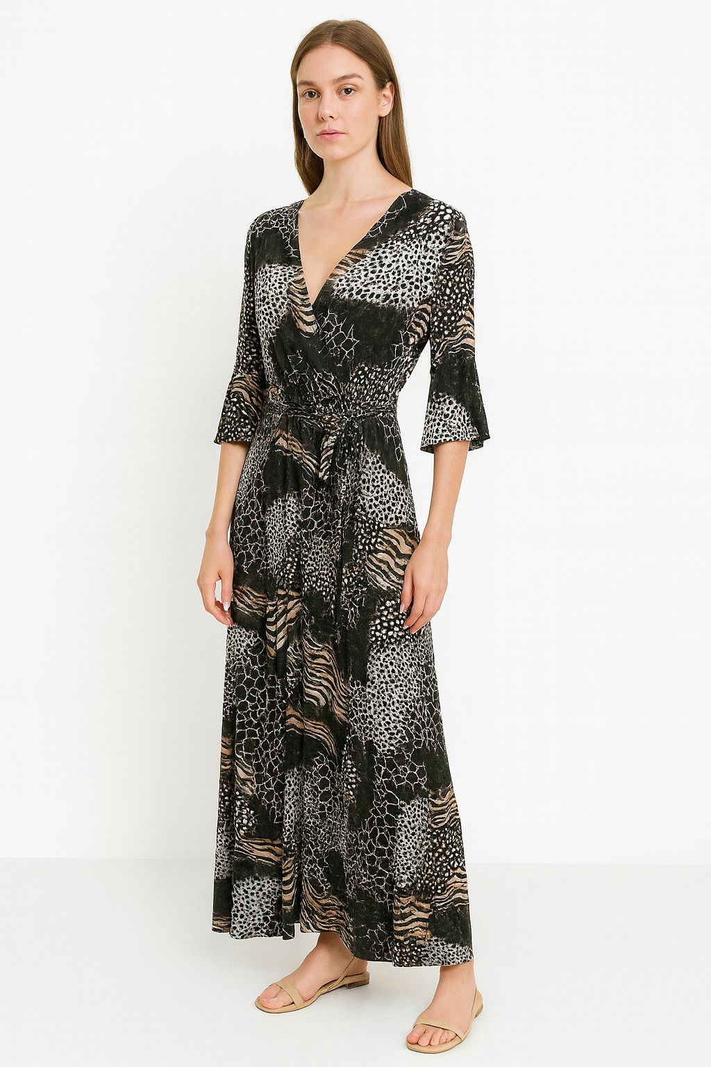 Animal Printed Wrap Over Belted Maxi Dress Elasticated Waist