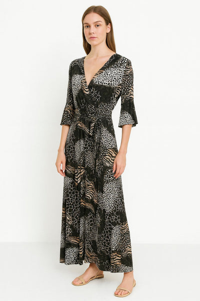 Animal Printed Wrap Over Belted Maxi Dress Elasticated Waist