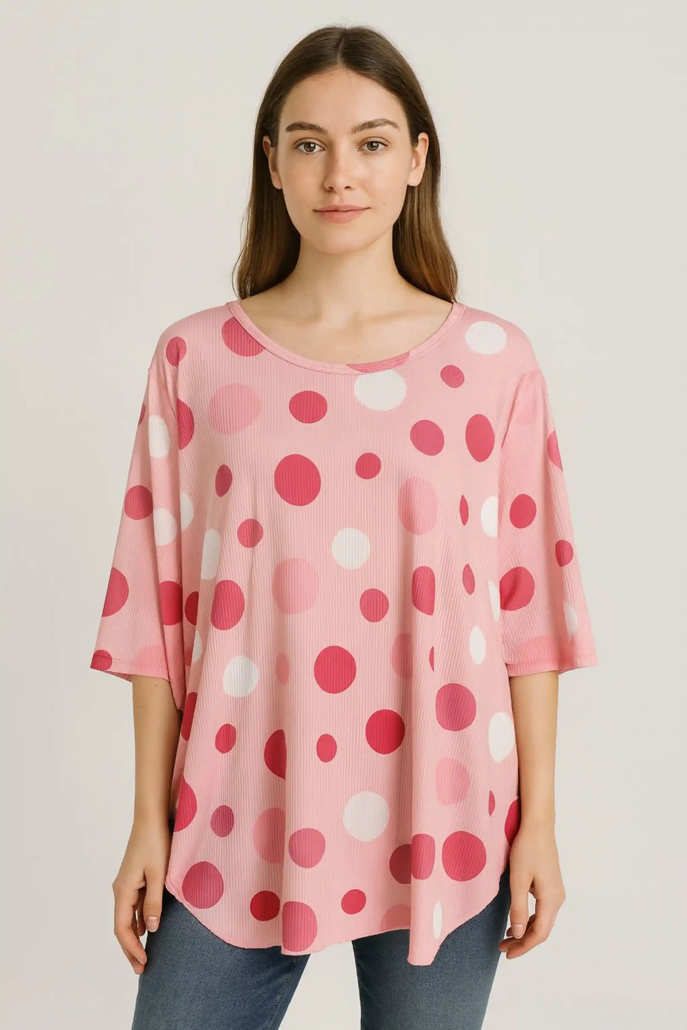 Polka Dot Long-Sleeve Round Neck Oversized Tunic Top