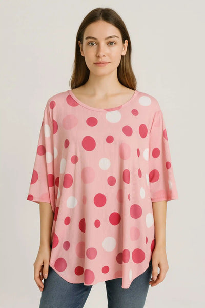 Polka Dot Long-Sleeve Round Neck Oversized Tunic Top