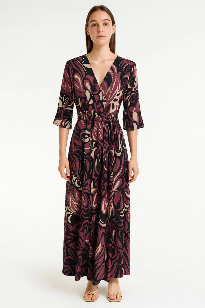 Printed Tie Front Wrap Over Elasticated Waist Frill Short-Sleeve Maxi Dress
