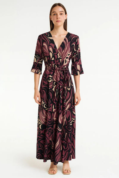 Printed Tie Front Wrap Over Elasticated Waist Frill Short-Sleeve Maxi Dress