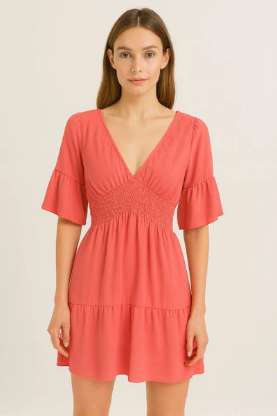 V-Neck Frill Short Sleeve Shirred Elasticated Waist Mini Dress