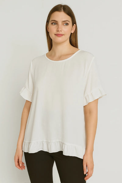 Round Neck Back Button Detail Frill Short Sleeve Top