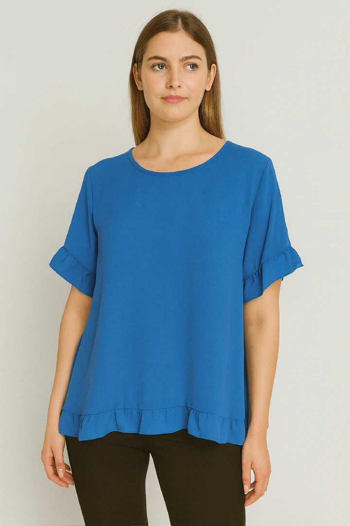 Round Neck Back Button Detail Frill Short Sleeve Top