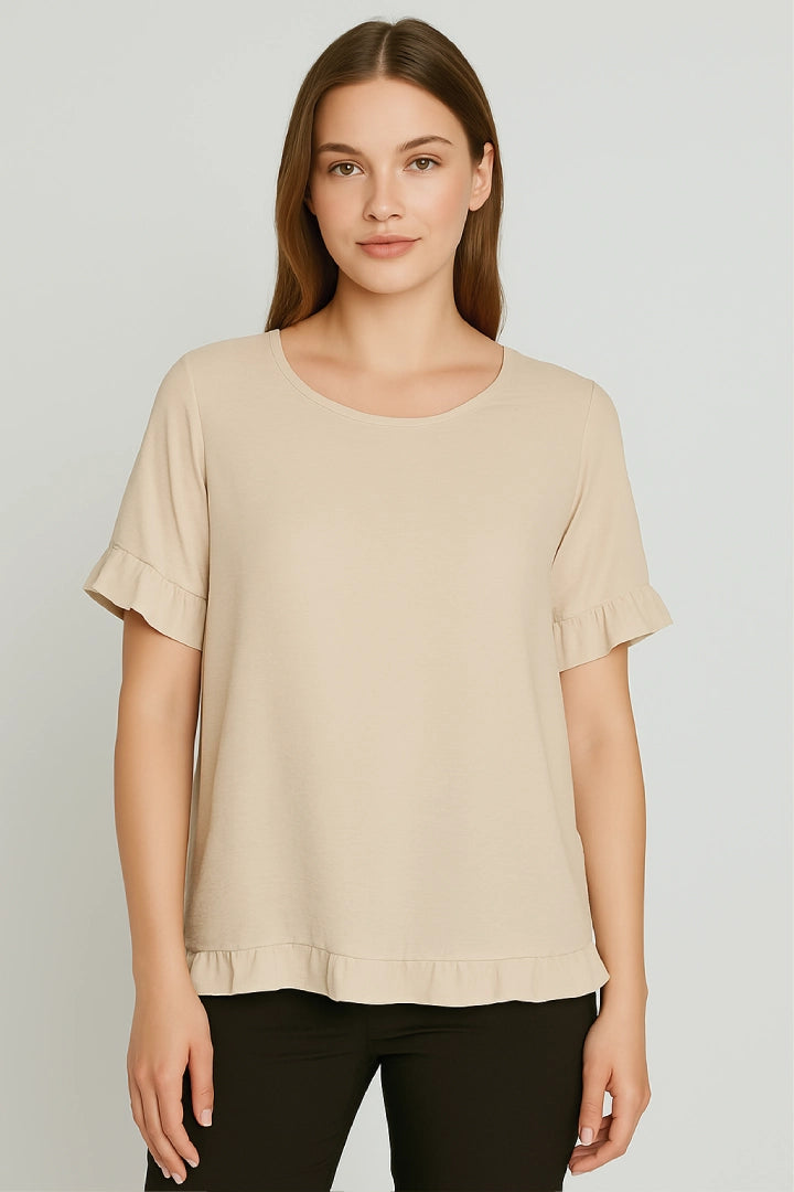 Round Neck Back Button Detail Frill Short Sleeve Top