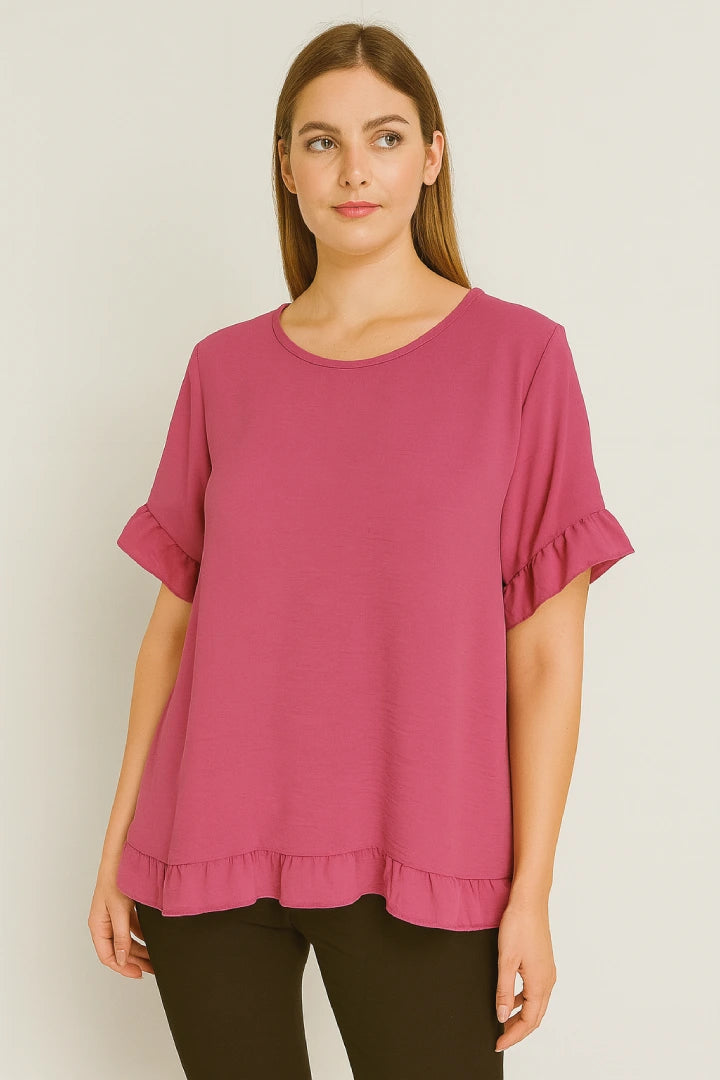 Round Neck Back Button Detail Frill Short Sleeve Top