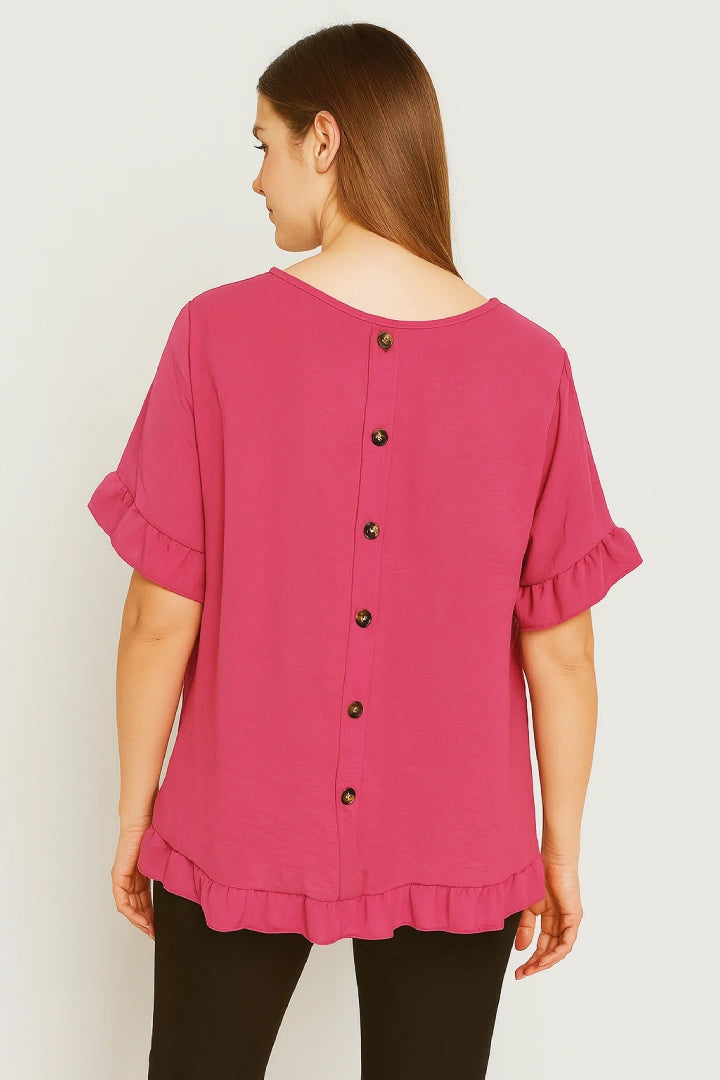 Round Neck Back Button Detail Frill Short Sleeve Top