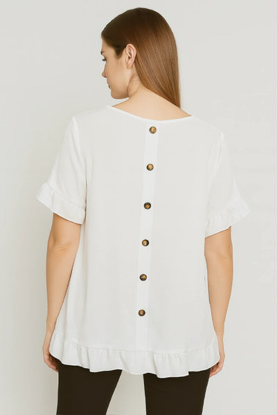 Round Neck Back Button Detail Frill Short Sleeve Top