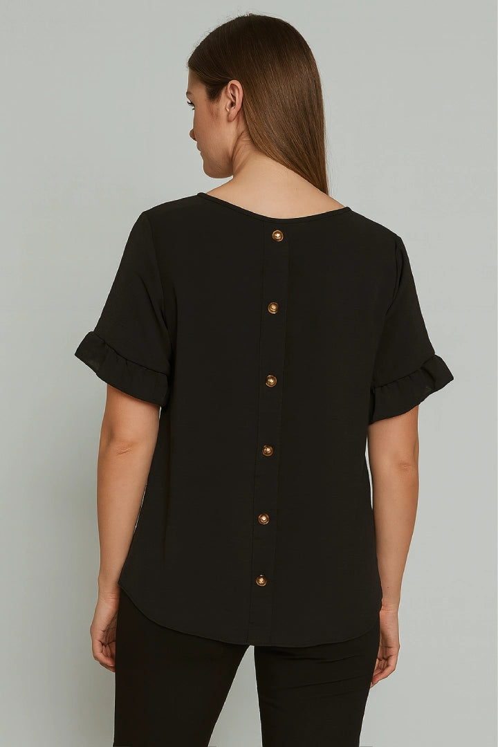 Round Neck Back Button Detail Frill Short Sleeve Top