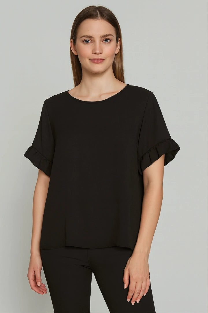 Round Neck Back Button Detail Frill Short Sleeve Top