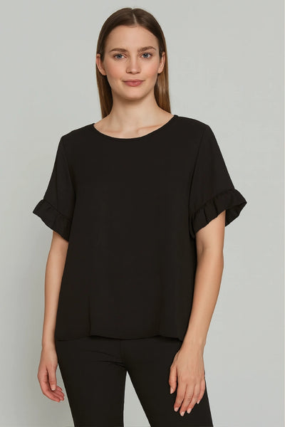 Round Neck Back Button Detail Frill Short Sleeve Top