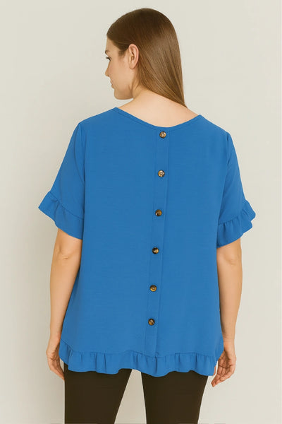 Round Neck Back Button Detail Frill Short Sleeve Top