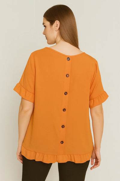 Round Neck Back Button Detail Frill Short Sleeve Top