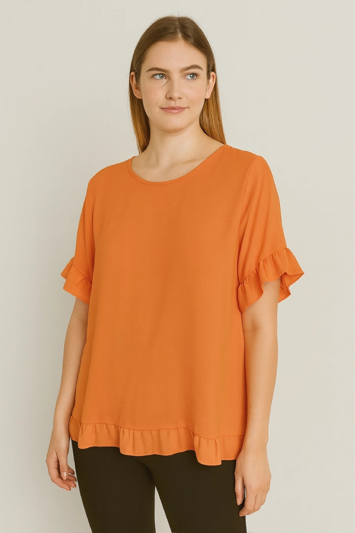 Round Neck Back Button Detail Frill Short Sleeve Top