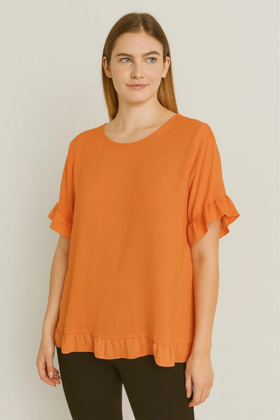 Round Neck Back Button Detail Frill Short Sleeve Top