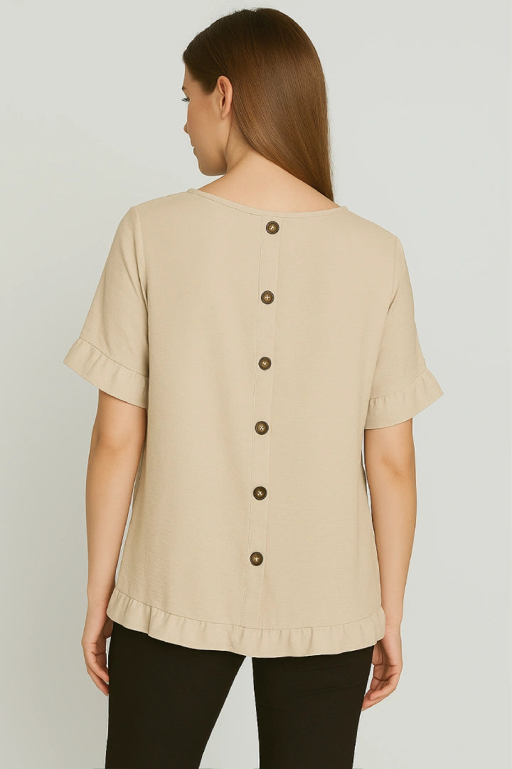 Round Neck Back Button Detail Frill Short Sleeve Top