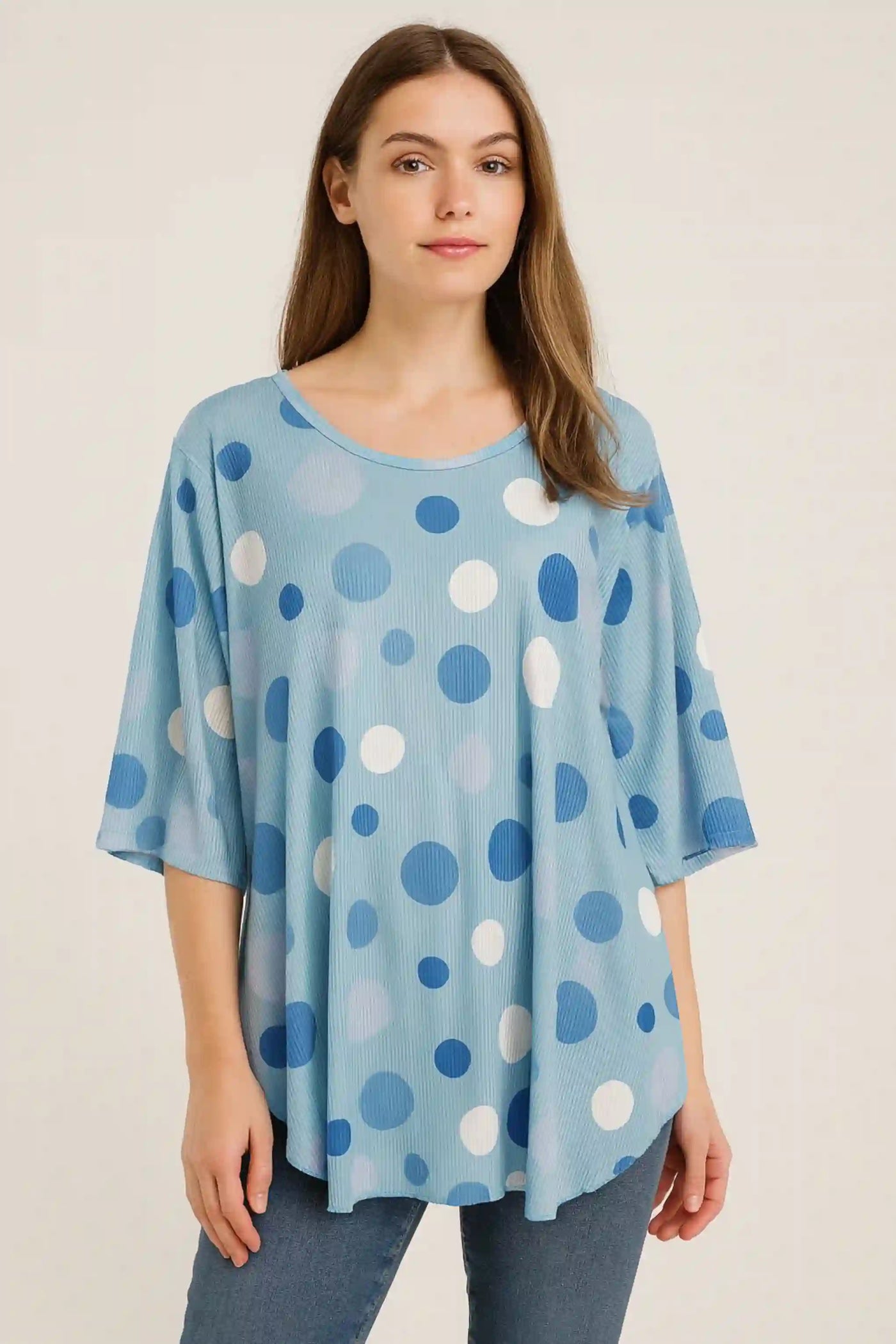 Polka Dot Long-Sleeve Round Neck Oversized Tunic Top