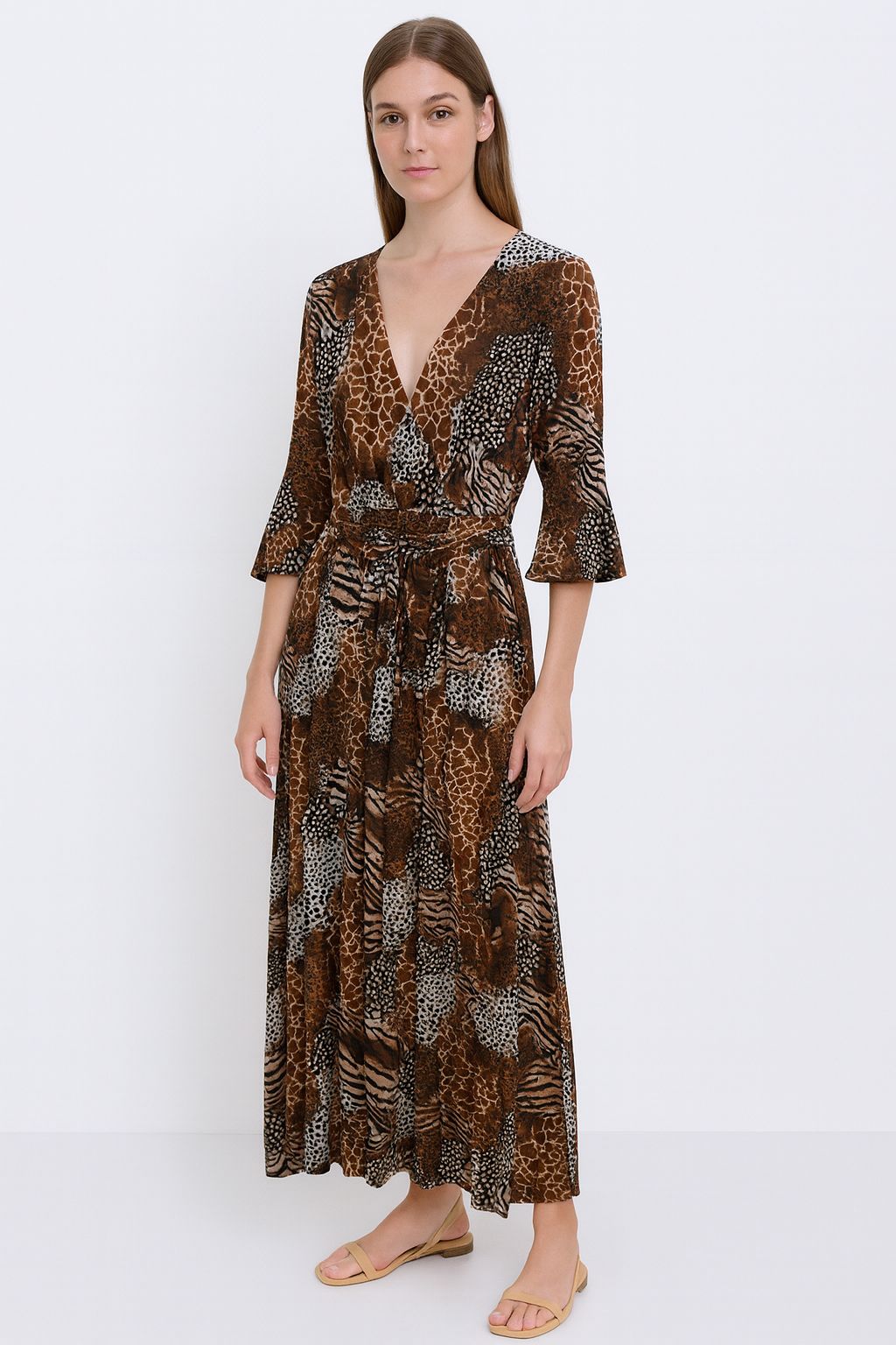 Animal Printed Wrap Over Belted Maxi Dress Elasticated Waist
