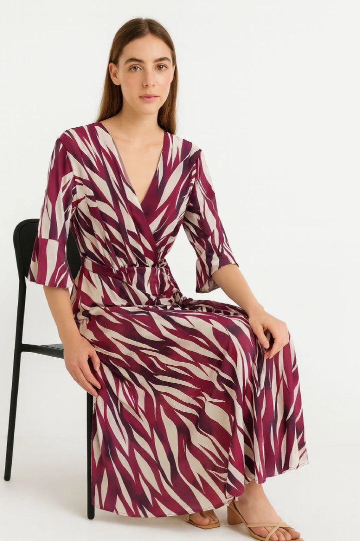 Printed Tie Front Wrap Over Elasticated Waist Frill Short-Sleeve Maxi Dress