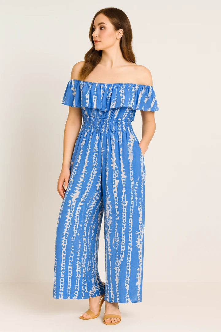 Frill Bardot Layer Sleeveless Shirred Elasticated Waist Printed Jumpsuit