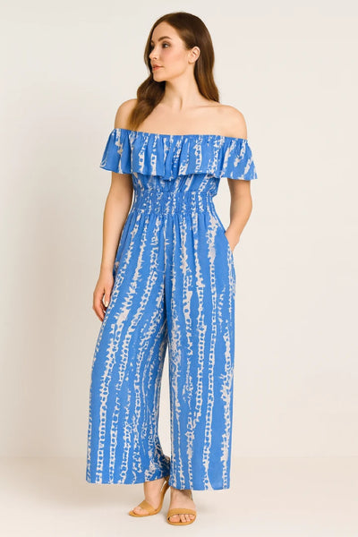 Frill Bardot Layer Sleeveless Shirred Elasticated Waist Printed Jumpsuit