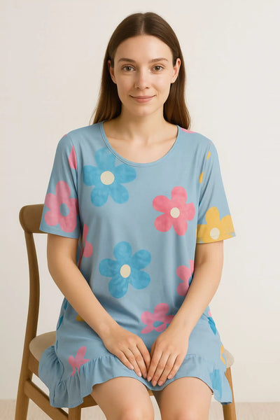 Daisy Floral Frill Hem Tunic Dress 2 Side Inside Pockets