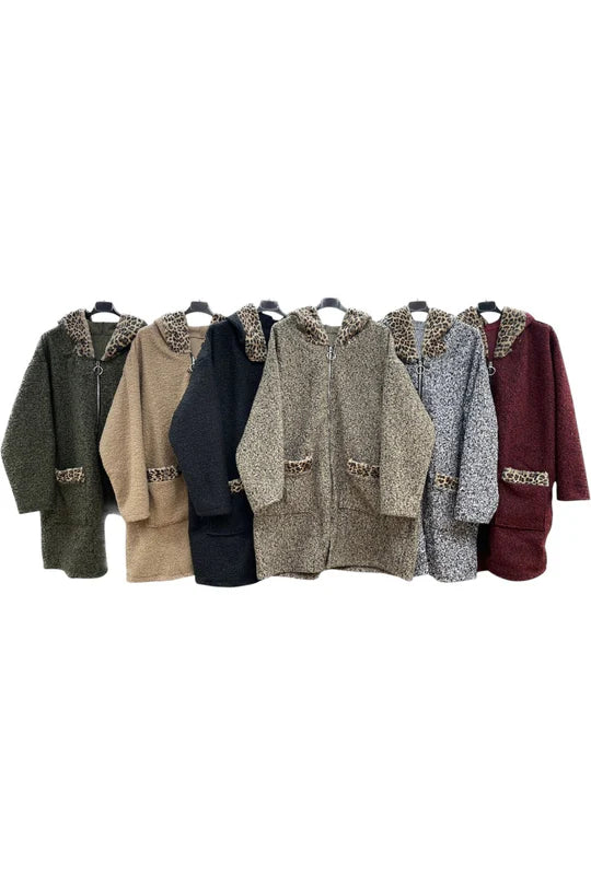 Italian Zip Fastening Animal Print Hooded Oversized Teddy Jacket Coat