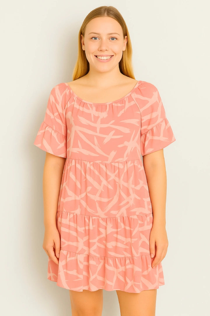 Off shoulder Printed Frill Short Sleeve Lining Inside Midi Dress