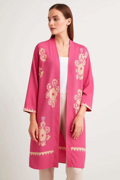 Pattern Button Down Frill Short Sleeve Oversized Cardigan