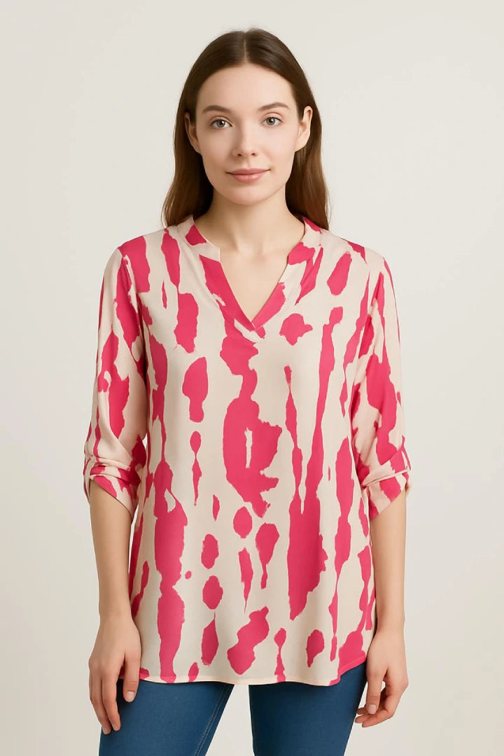 Printed V-neck Grandad Collar Turn-up Sleeve Dip Hem Tunic Top