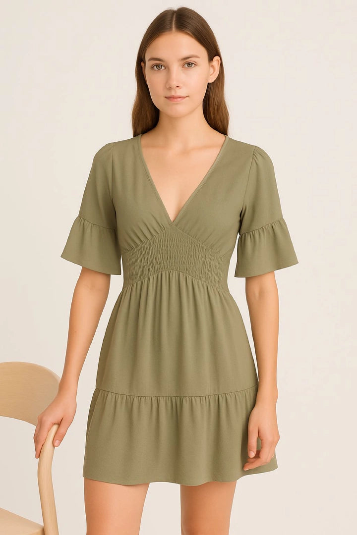 V-Neck Frill Short Sleeve Shirred Elasticated Waist Mini Dress
