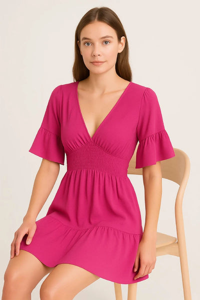 V-Neck Frill Short Sleeve Shirred Elasticated Waist Mini Dress