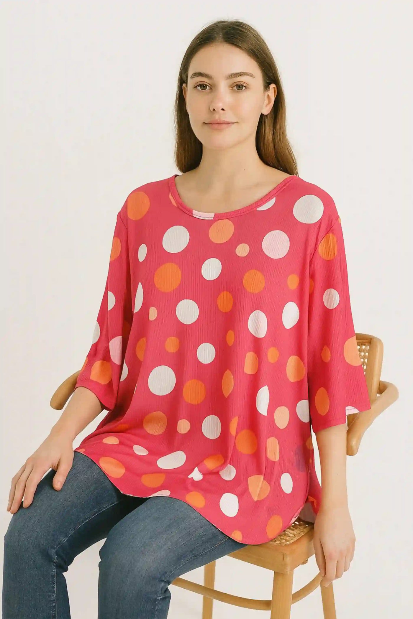 Polka Dot Long-Sleeve Round Neck Oversized Tunic Top
