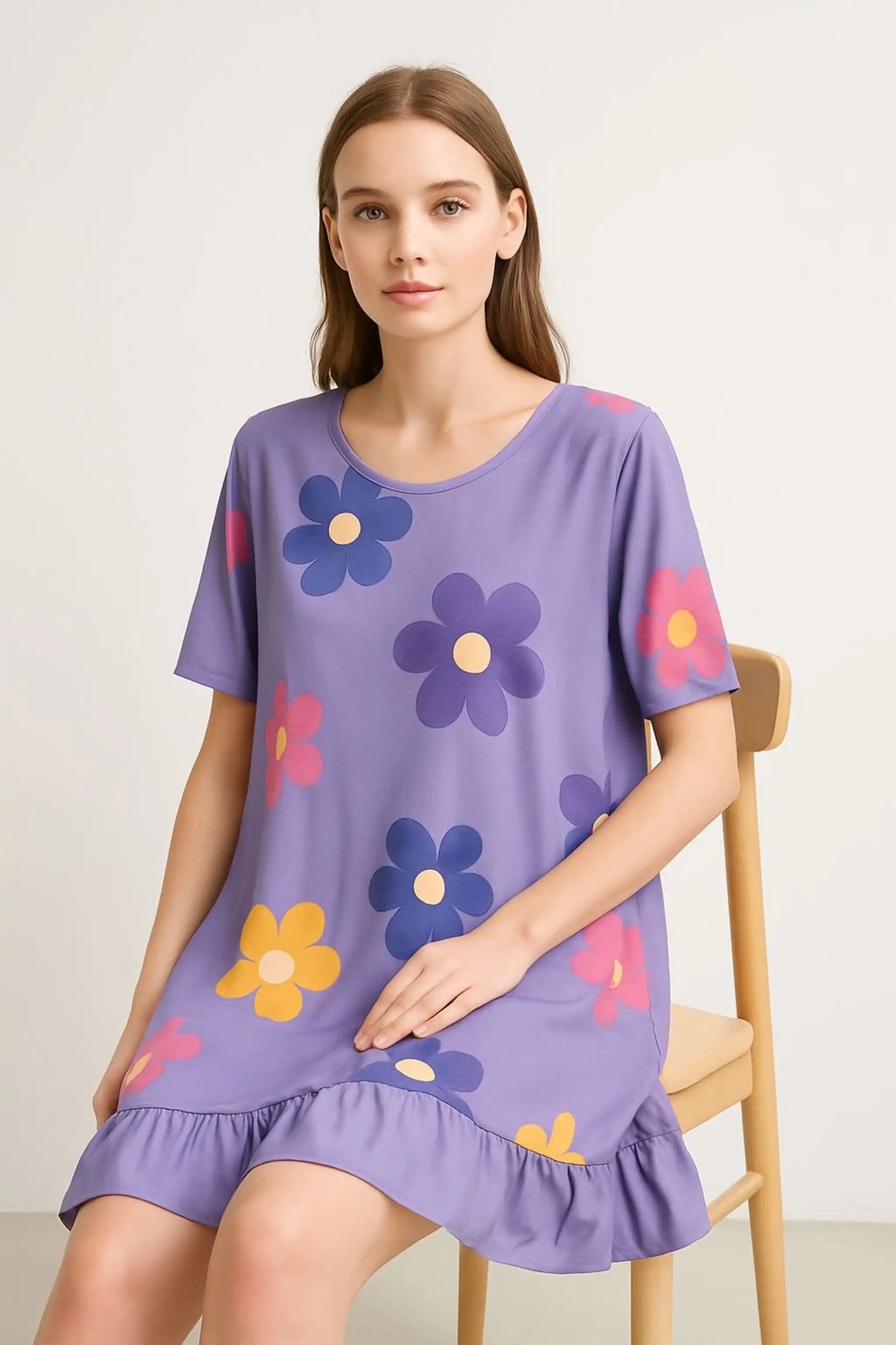 Daisy Floral Frill Hem Tunic Dress 2 Side Inside Pockets