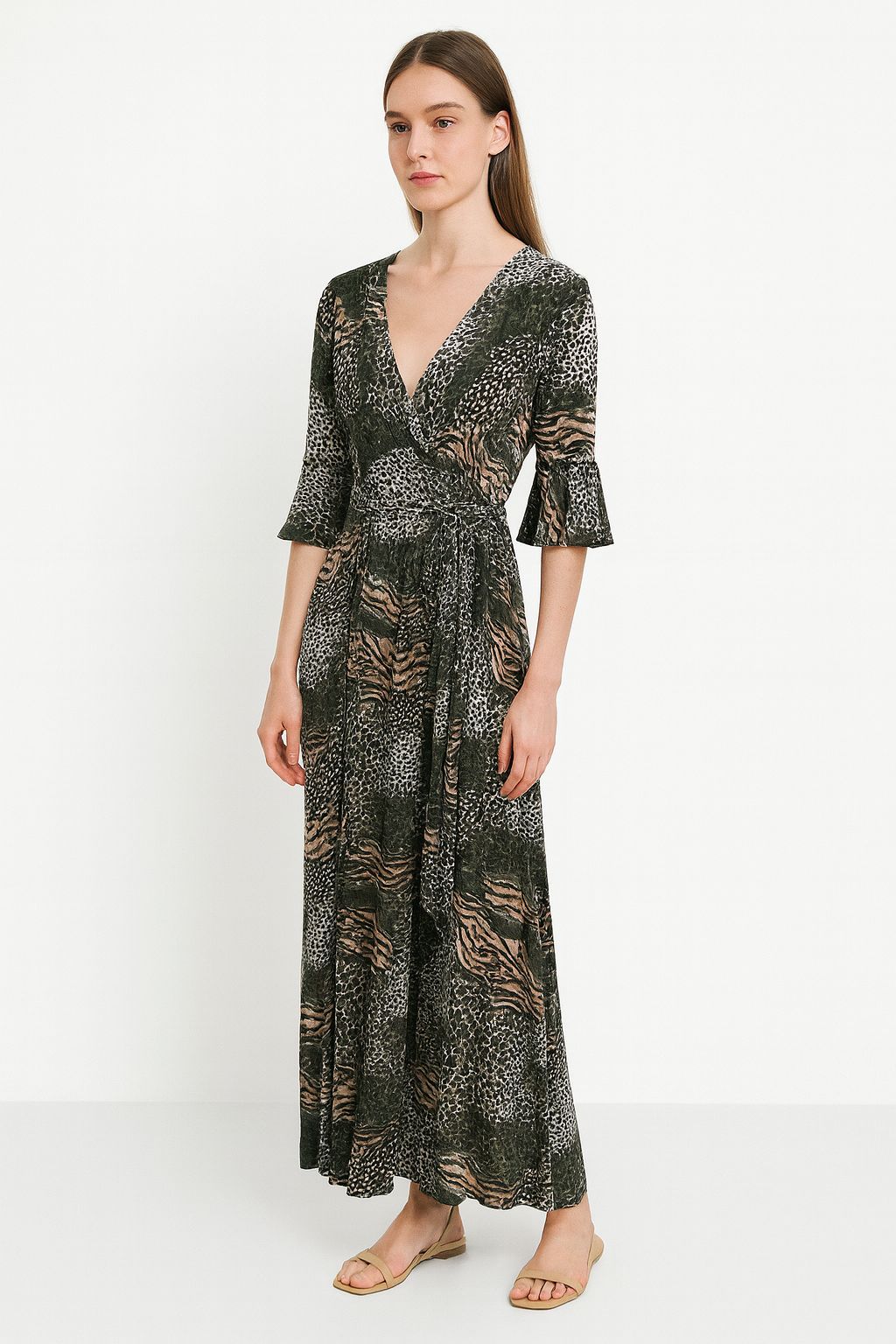 Animal Printed Wrap Over Belted Maxi Dress Elasticated Waist